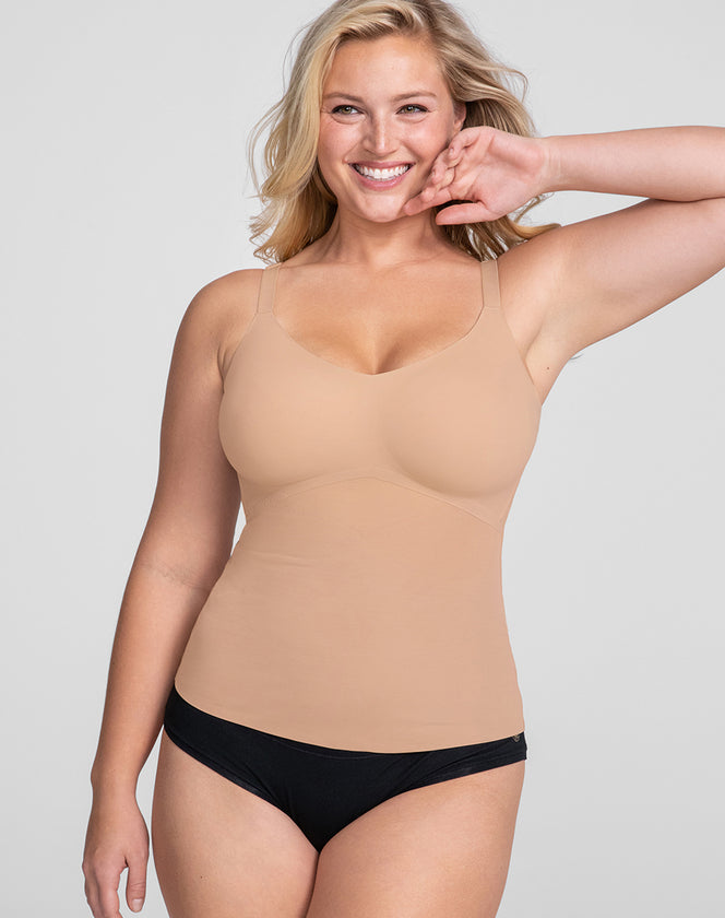 Model McCallah wearing liftwear-cami in size Large and color Sand, seen from the Front