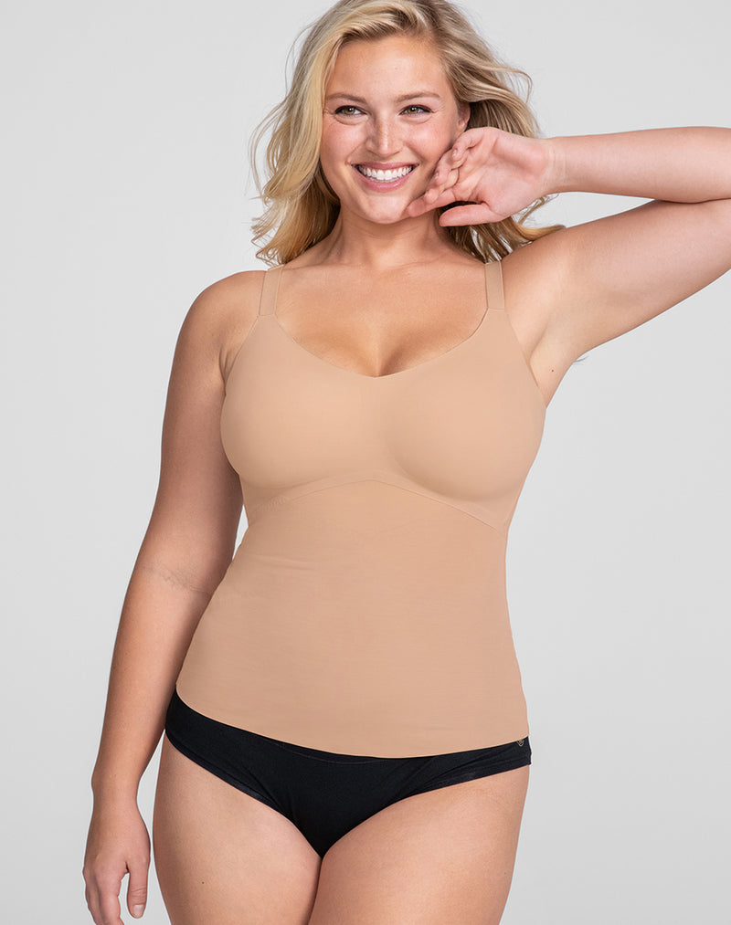 Model McCallah wearing LiftWear Cami in size Large and color Sand, seen from the Front