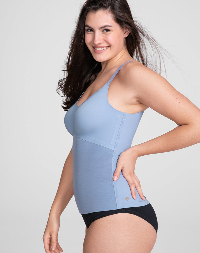 Model Hannah wearing LiftWear Cami in size Medium and color Stonewash Blue, seen from the Side