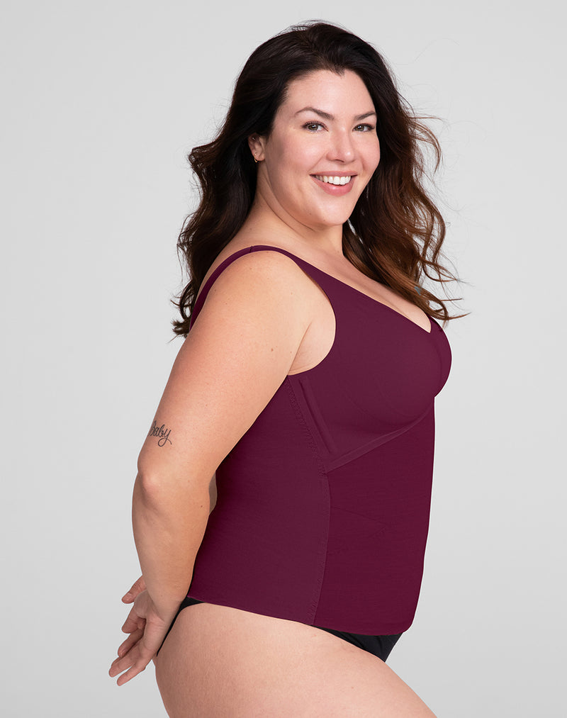 Model Natalie wearing LiftWear Tank in size Plus size one and color Fig, seen from the Side