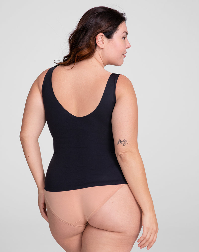 Model Natalie wearing LiftWear Tank in size Plus size one and color Runway, seen from the Back