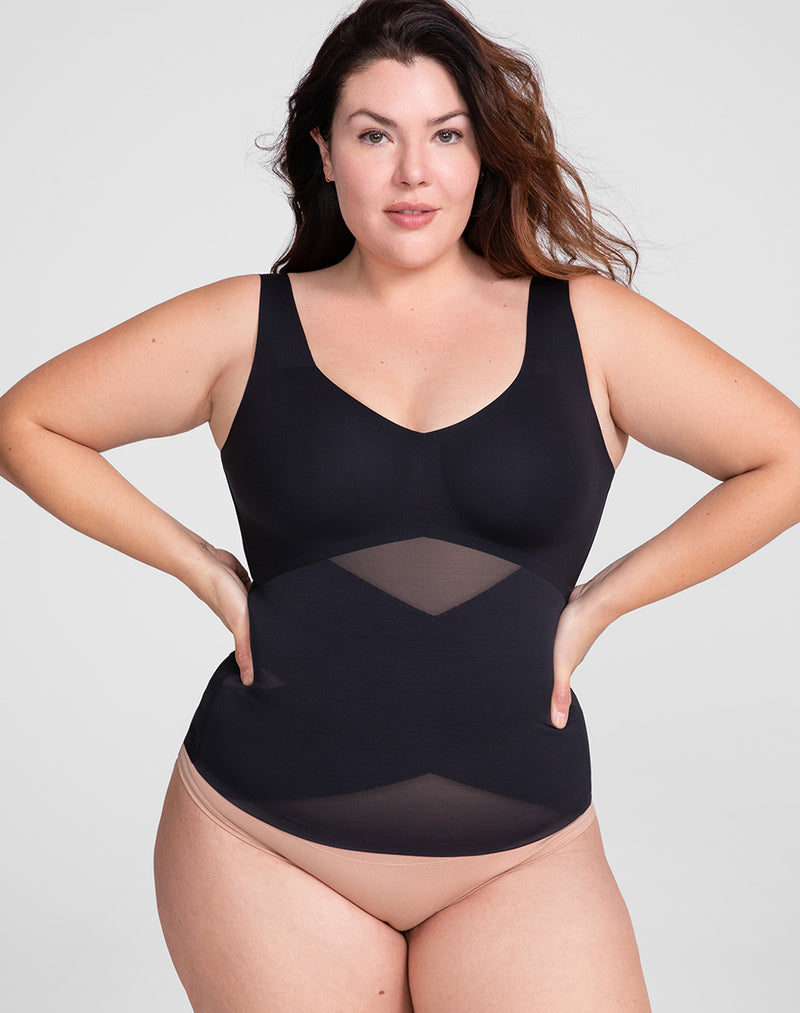 Model Natalie wearing LiftWear Tank in size Plus size one and color Runway, seen from the Front