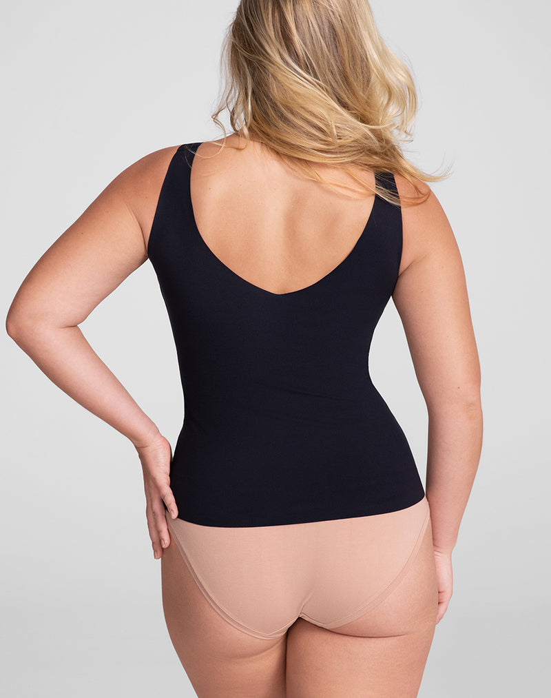 Model McCallah wearing LiftWear Tank in size Large and color Vamp, seen from the Back