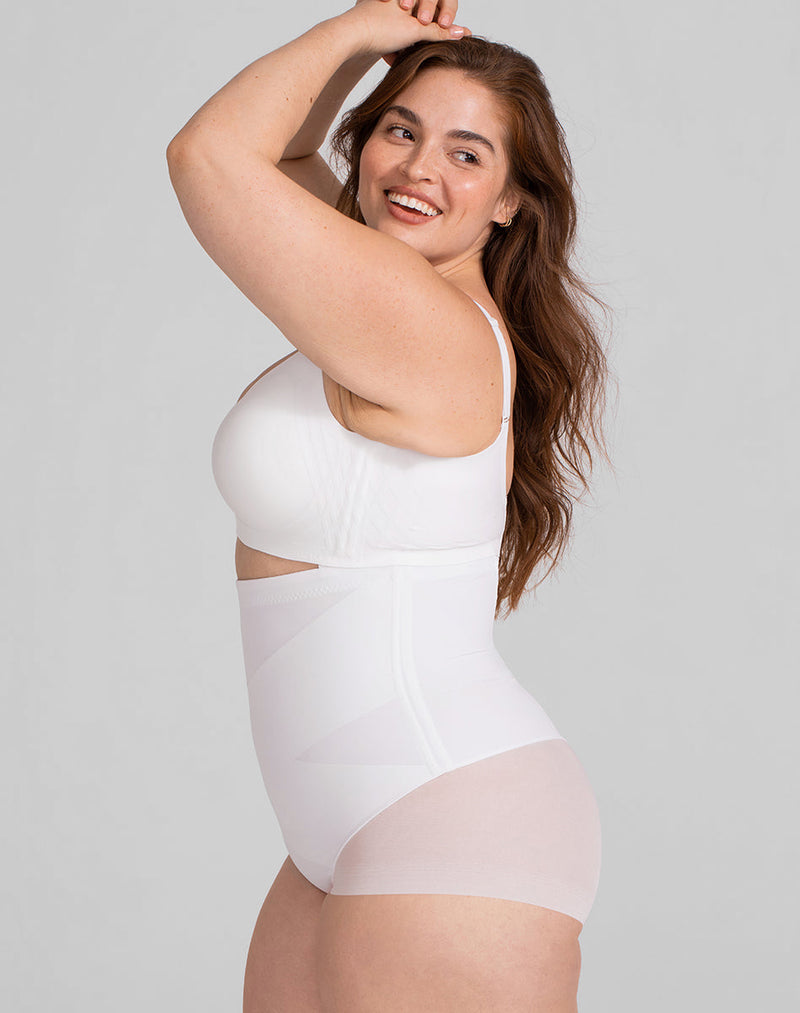 Model Brianna wearing SuperPower Brief in size Plus size one and color Astral, seen from the Side