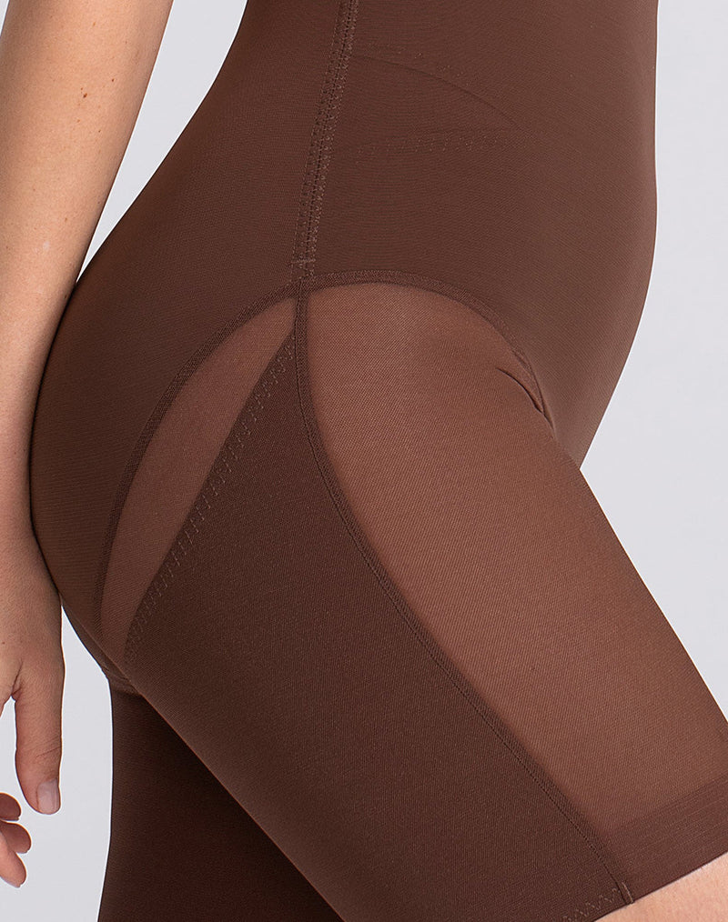 Detail of model wearing SuperPower Short in color Mocha