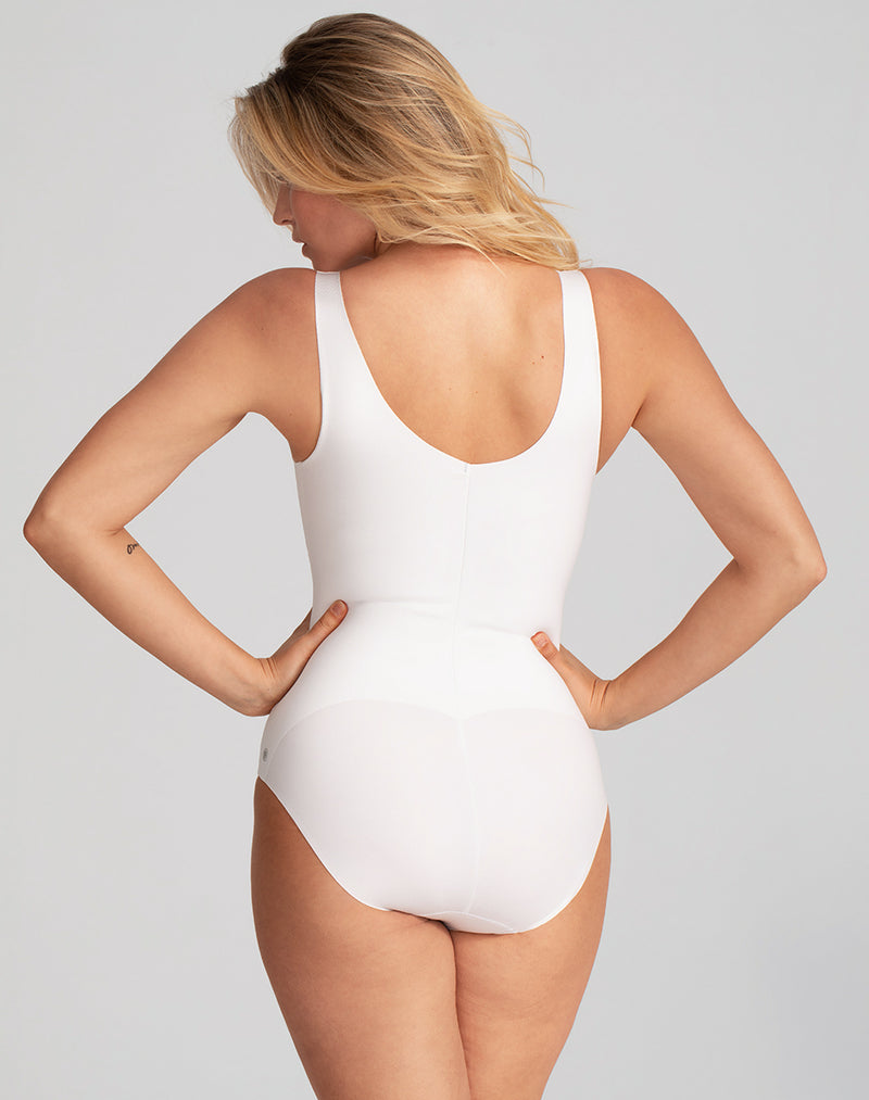 Model Elle wearing Tank Bodysuit in size Medium and color Astral, seen from the Back