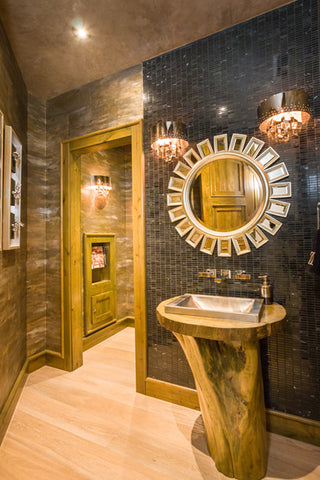 bathroom, log sink pedestal, montana living, montana's finest homes, Marilyn and John Olson, bear dance bigfork montana, luxury home flathead lake