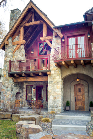 exterior log entrance, montana living, montana's finest homes, Marilyn and John Olson, bear dance bigfork montana, luxury home flathead lake