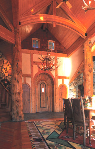 great room, log home, elk antler chandelier, don briggs hamilton montana architect designer, montana living