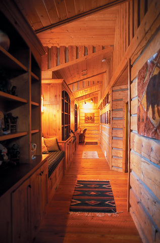 hallway of log home, don briggs hamilton montana architect designer, montana living