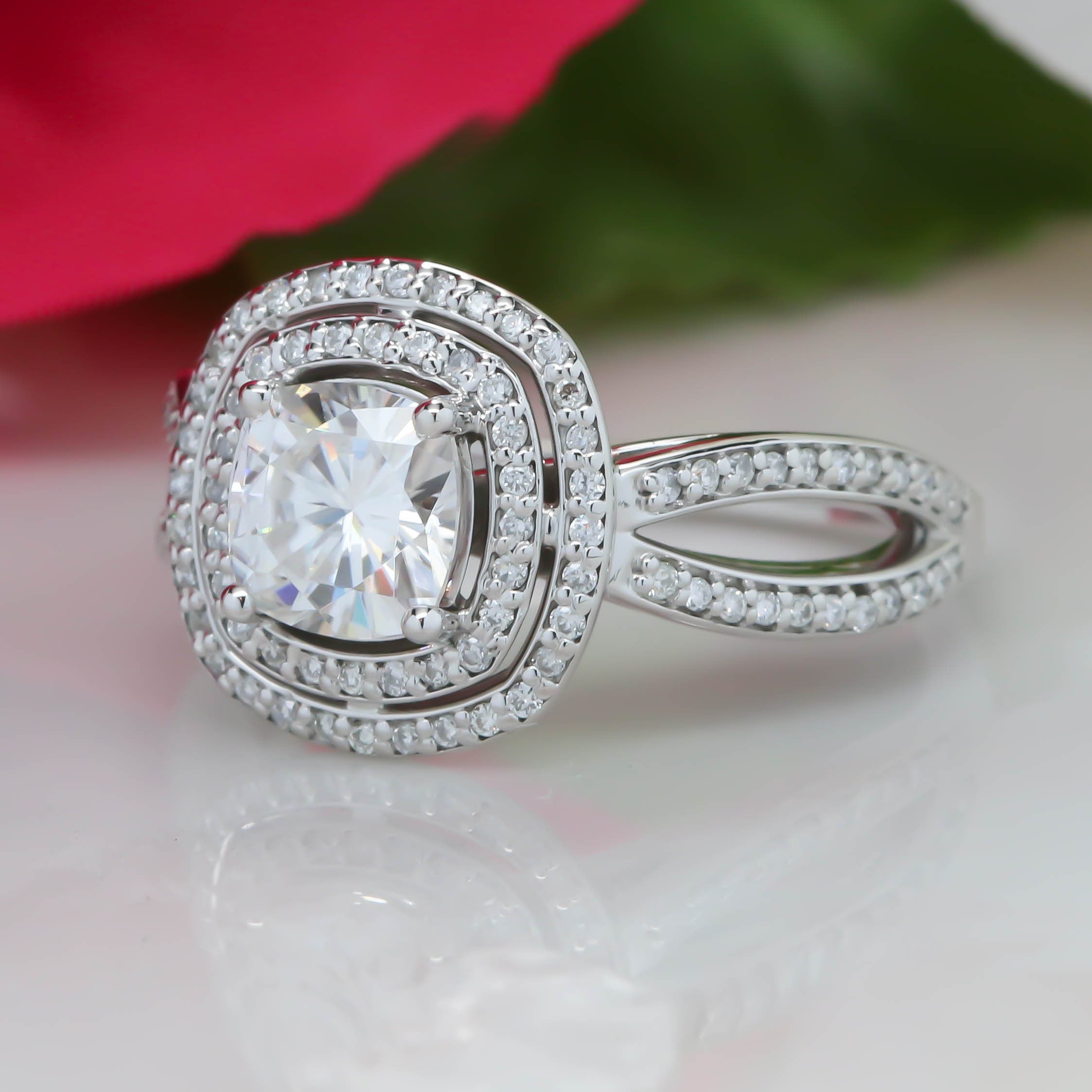 Cushion Cut Engagement Ring Double Halo Diamond Setting Moissanite Cen