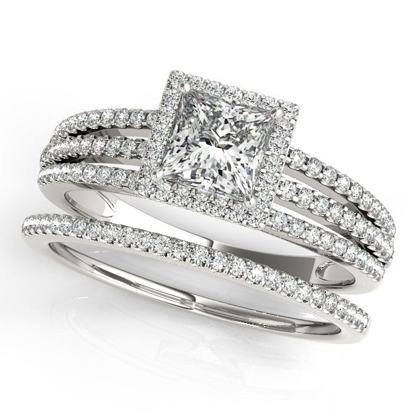 Princess Cut Wedding Set Diamond Halo Engagement Ring and Wedding Band ...