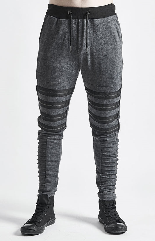 Men Slim-Fit Biker Drop Crotch Dual Zip Pants Trouser Pintuck