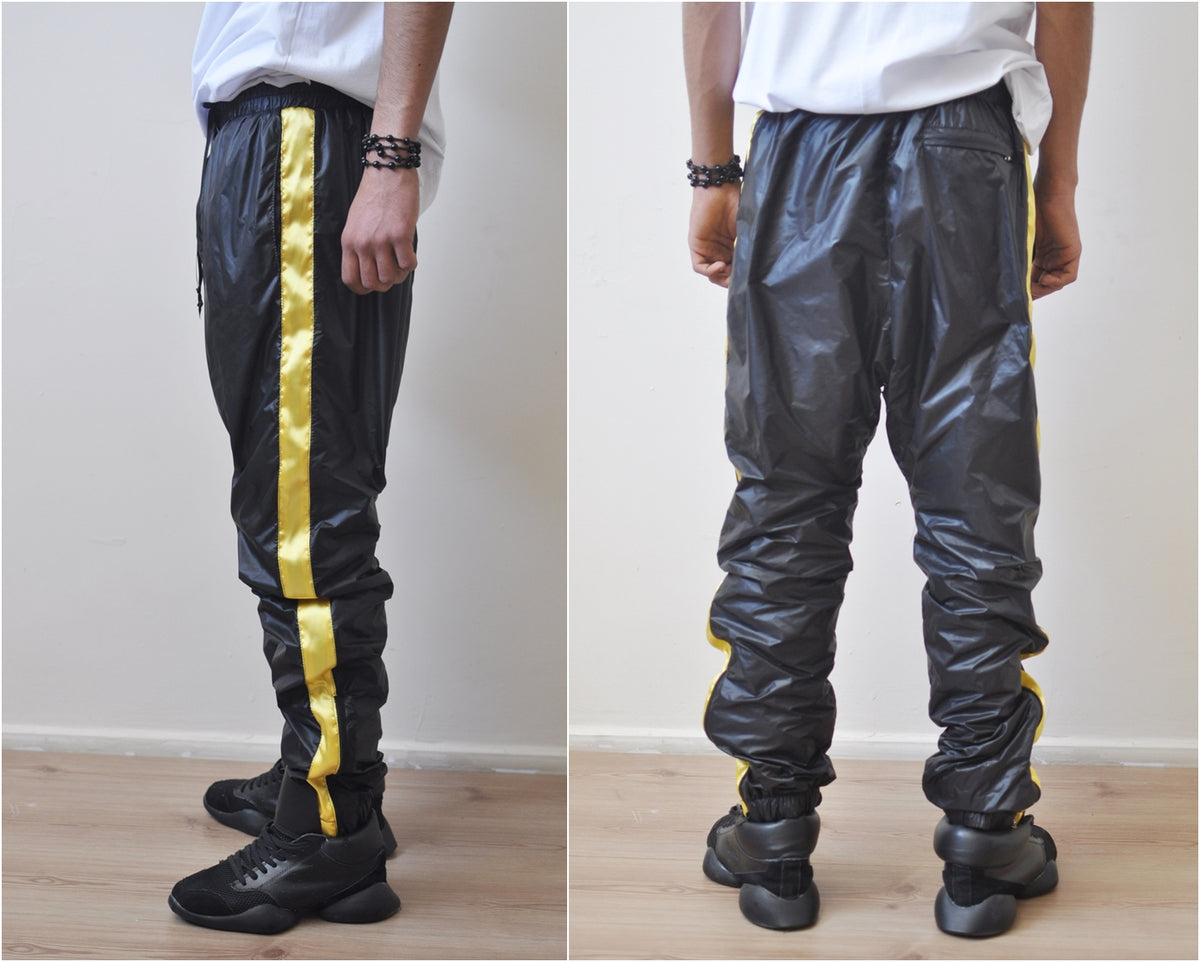 Black Gold Nylon Contrast Side Stripe Jogger Sweatpant Drawstring Trac