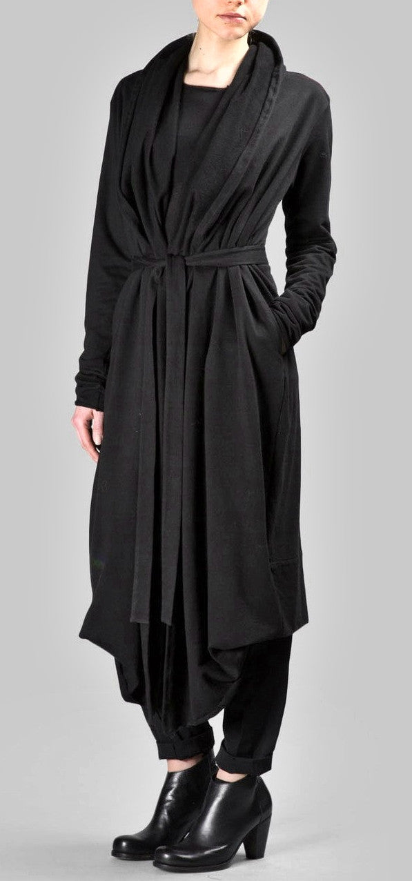 Draped Women's BLACK Long Overlong Oversized Hooded Belted CARDIGAN ...