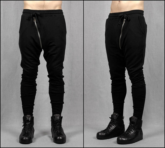 Men Slim-Fit Biker Drop Crotch Dual Zip Pants Trouser Pintuck