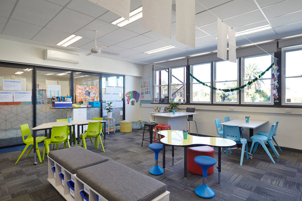 Colourful classroom, Students chairs, desks, flexible classroom, Learning spaces 
