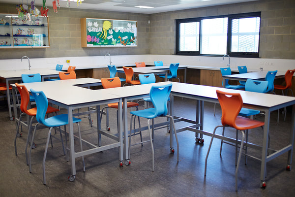 Student chairs, students desks, tables, classroom, learning space 