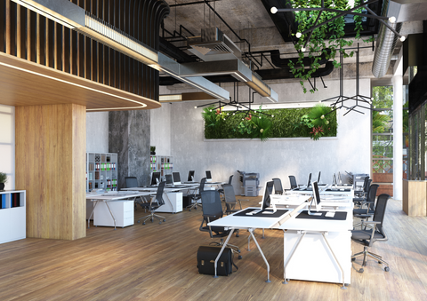 Desks and chairs in an office, industrial look 