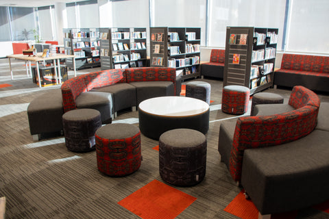 round lounge, collaborative spaces, colours, learning spaces, library 