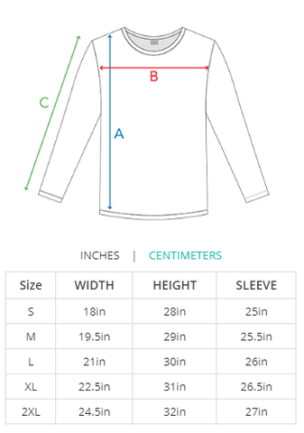 Hooded Long Sleeve Measurements in Inches