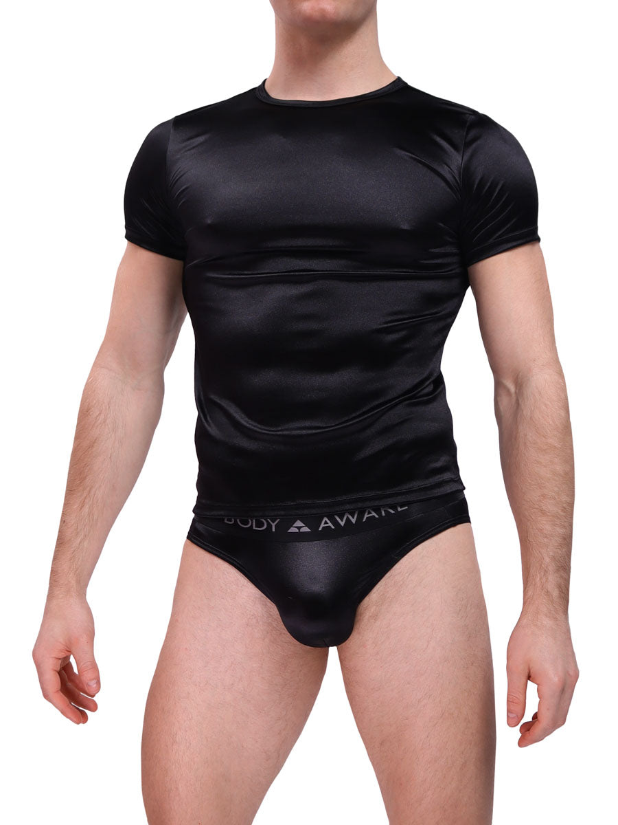 Men's Black Satin Logo Tanga - Satin Underwear For Men - Body Aware