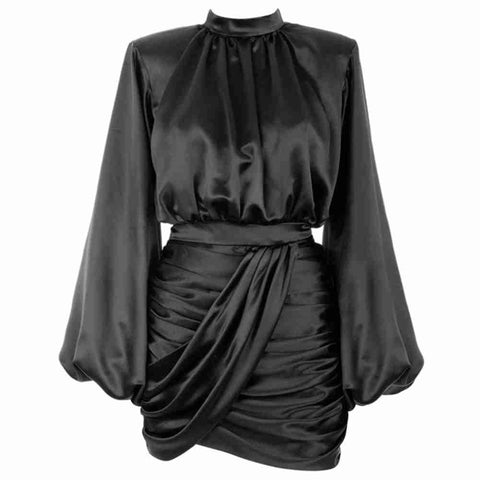 black high neck satin dress