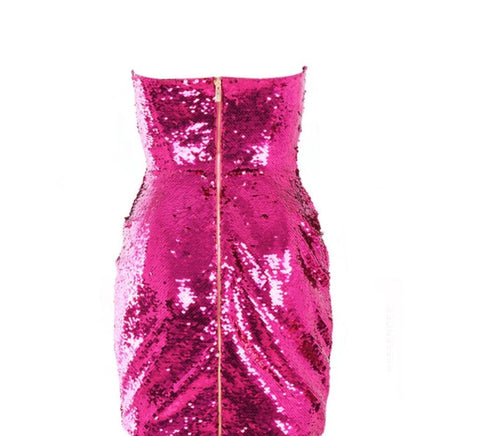 pink sequin strapless dress