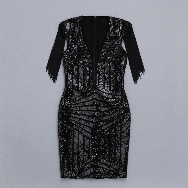 Machelle Black Tassel V-Neck Sequin Bandage Dress