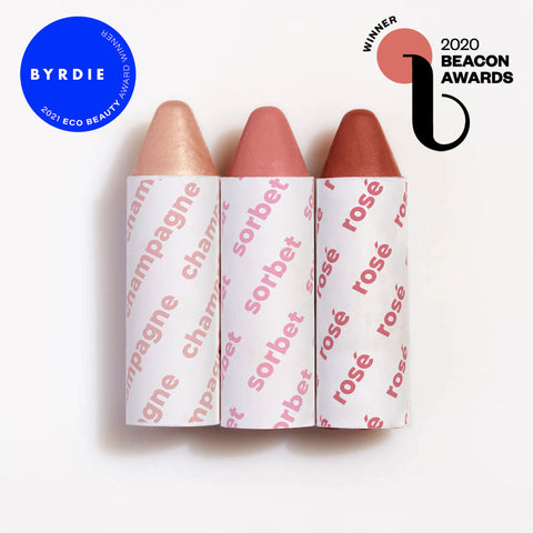 Beauty Independent 2020 Beacon Awards Winner, Byrdie Eco Awards The Best Affordable Eco Beauty Products,Balmies in Cotton Candy Sky, Champagne Sorbet, Rose