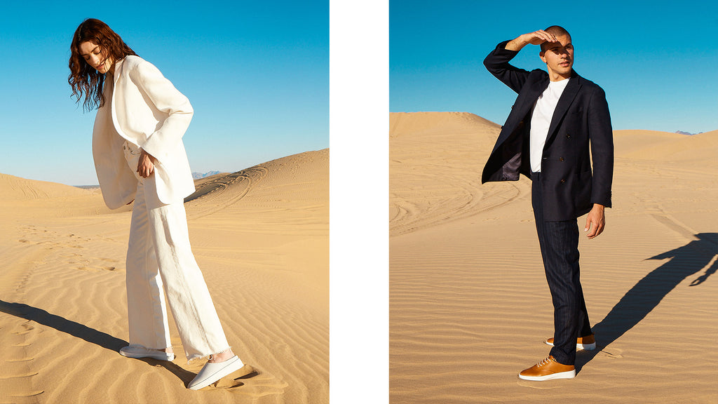 Image of a women and a man in the desert wearing Cruise.