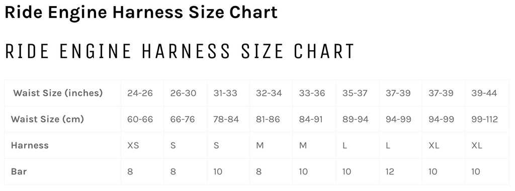 Ride engine harness size chart