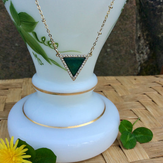 Sweet Little Triangle of Green and Rhinestones on Gold Chain