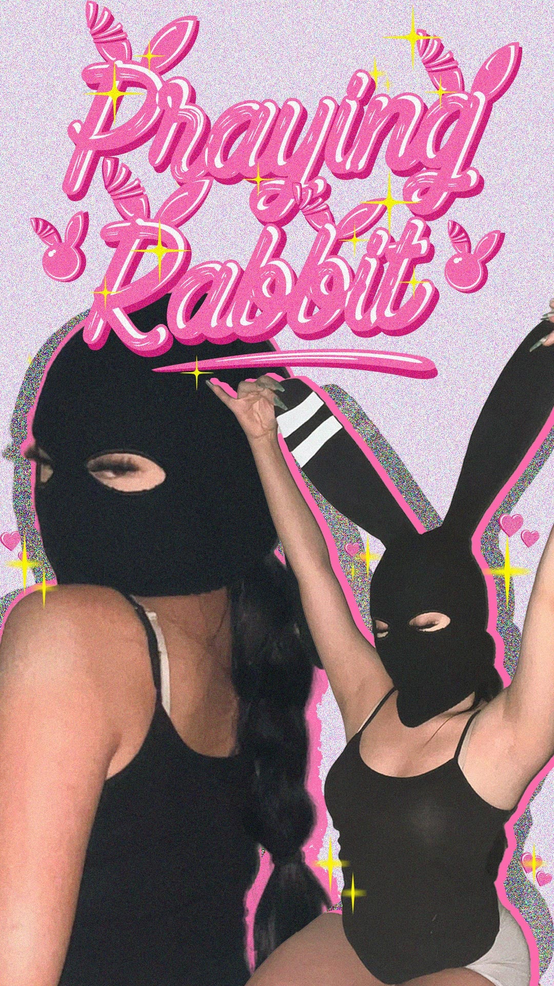 praying rabbit wallpaper of a model wearing a black ski mask with bunny ears