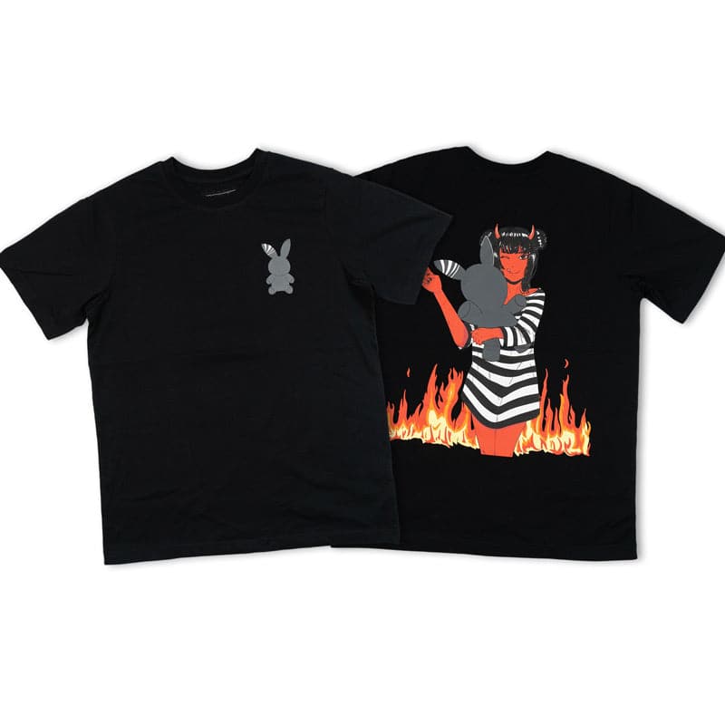 front and back view of black t shirt with a gray rabbit printed on the front left chest and a larger design on the back that shows a red demon girl holding the gray bunny doing the peace sign with flames behind her
