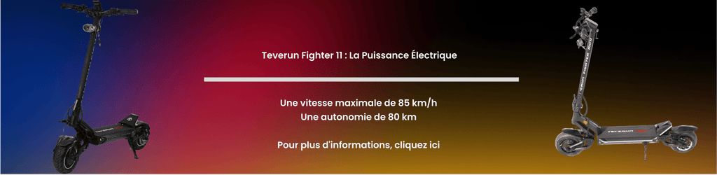 Teverun Fighter Mini à gauche et à droite, avec des informations au milieu et un dégradé de couleur en fond