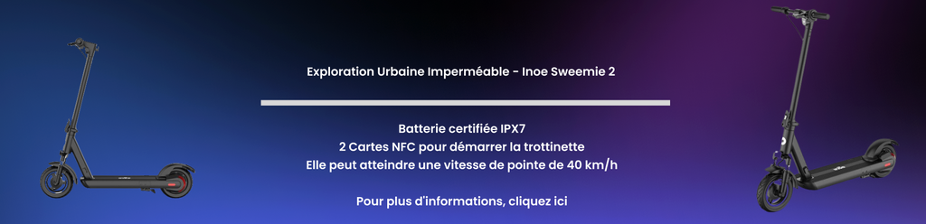 Inöe Sweemie 2 à gauche et à droite, avec des informations au milieu et un dégradé de couleur en fond