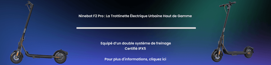 Ninebot F2 Pro à gauche et à droite, avec des informations au milieu et un dégradé de couleur en fond