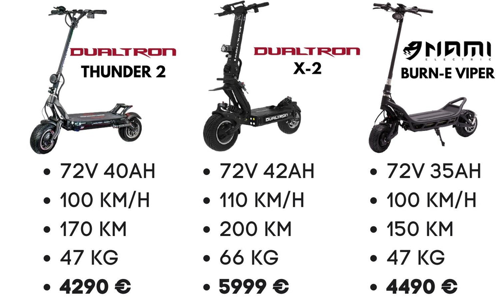 comparative table electric scooter 100 kmh minimotors dualtron thunder x2 nami viper