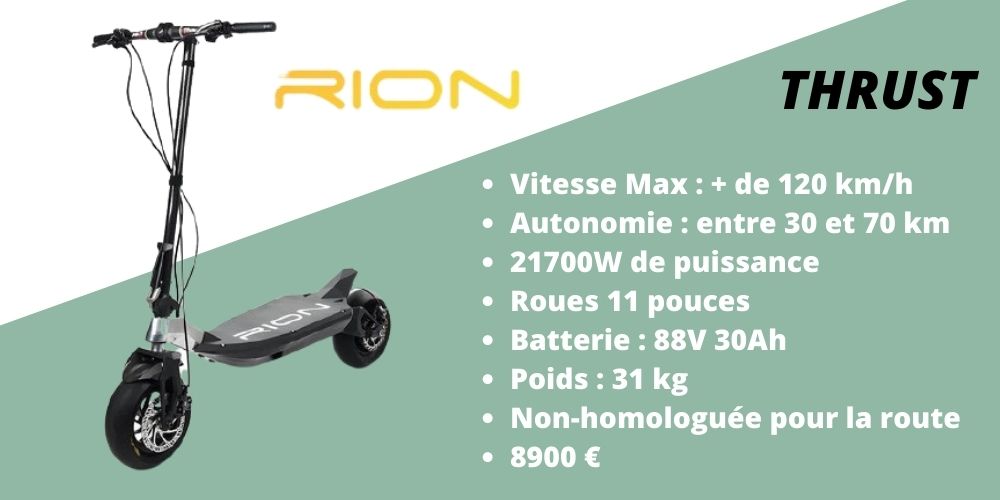 trottinette électrique rion thrust carbone caractéristiques 120 km/h