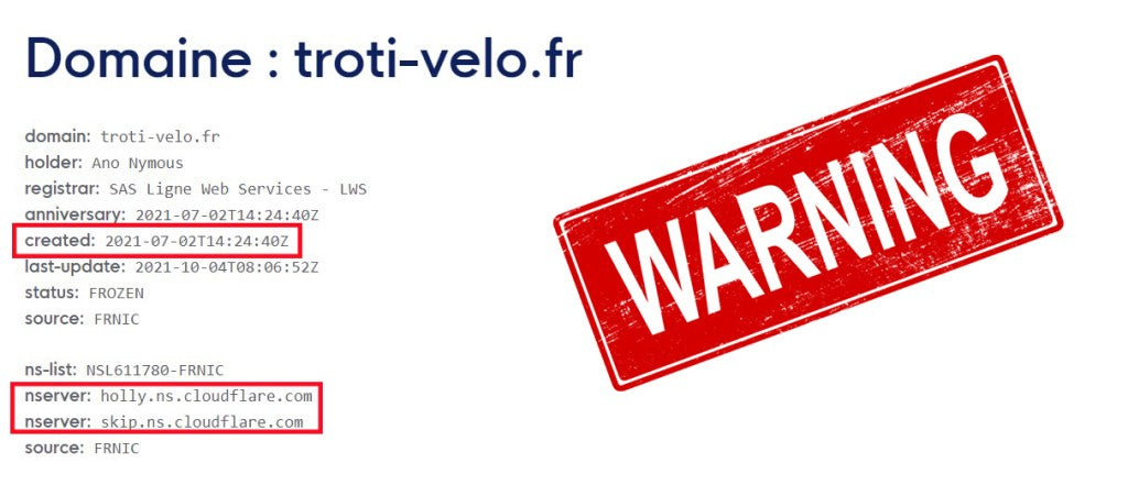 attention arnarque whois nom de domaine troti-velo.fr fraude cloudflare