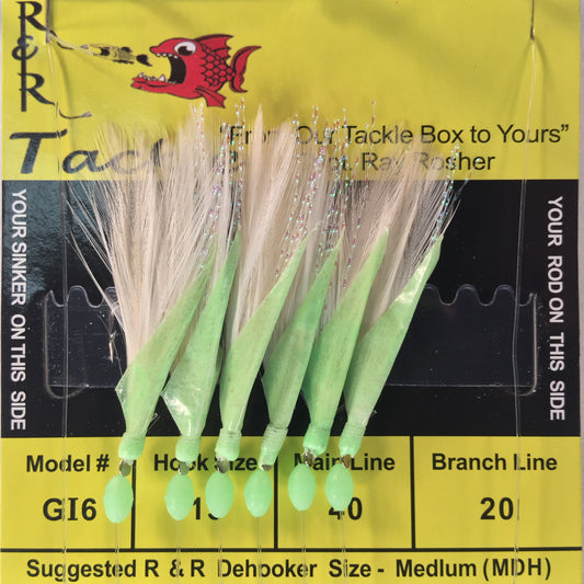 GI14 Bait Rig - 8 (size 15) hooks with white feather & Red/Grn beads & fish  skin