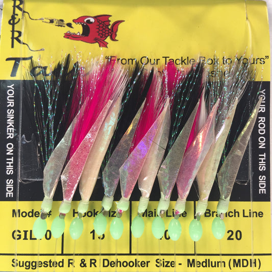 GI6 Bait Rig - 6 (size 15) hooks with white feather & glow fish skin – R&R  Tackle Co.