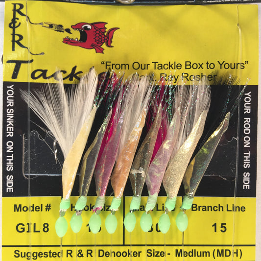 GIL10 Bait Rig- 10 (size 15) hooks with multi-color feather & fish