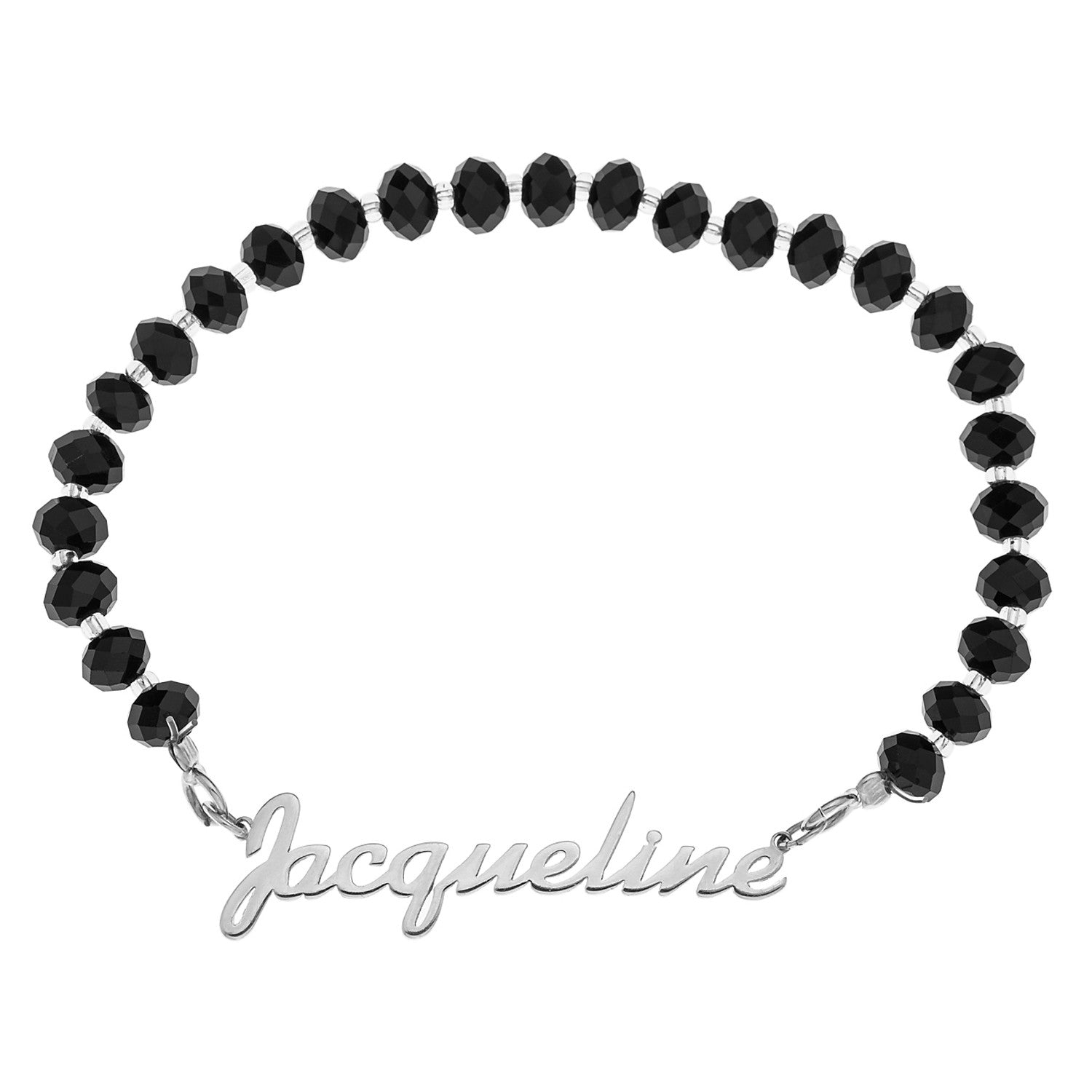 NAME CRYSTAL BEADED STRETCH BRACELET BLACK - STERLING SILVER