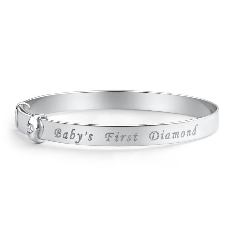 'Baby's first Diamond' Bangle Bracelet personalized, adjustable in Sterling Silver 925