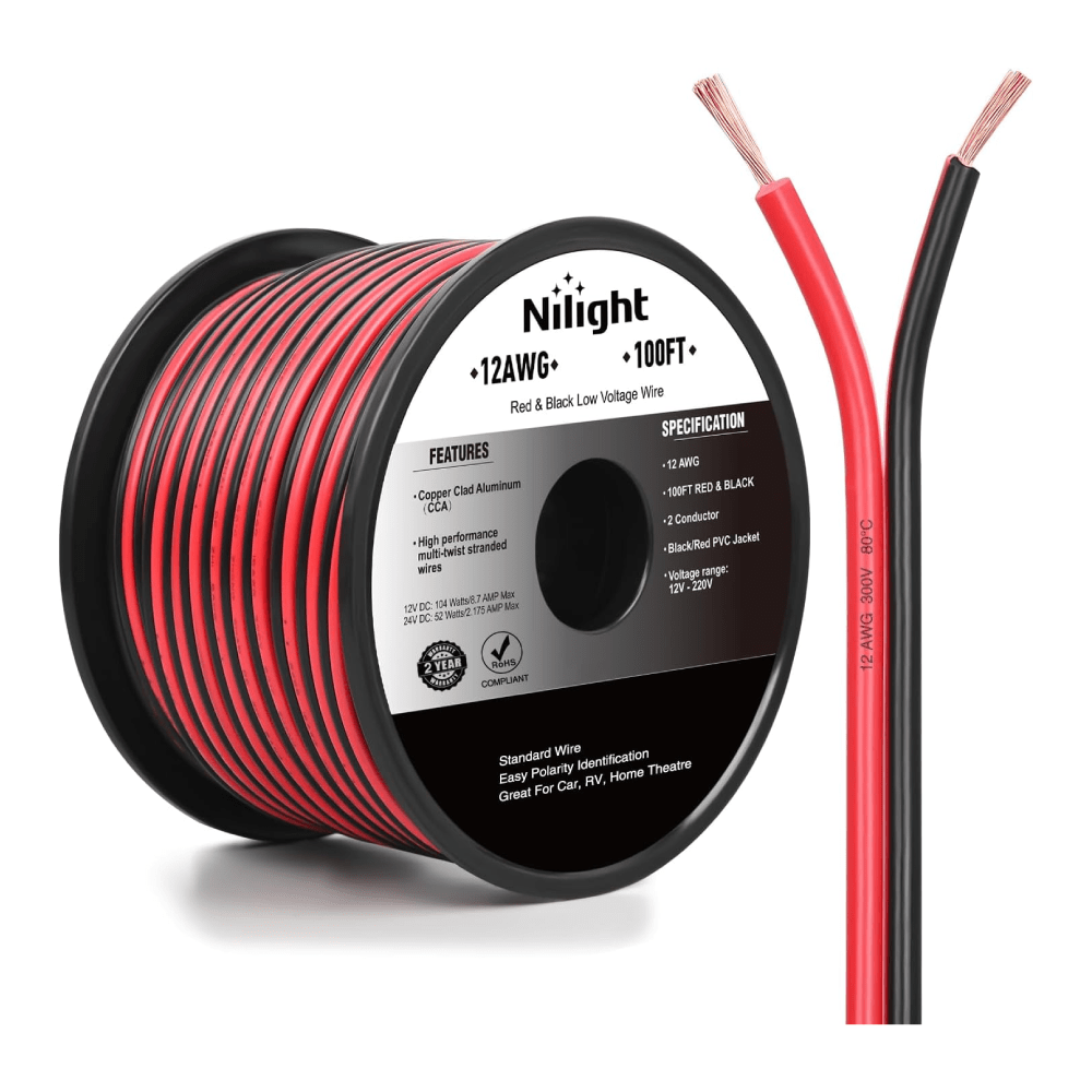 12AWG 100FT Copper Clad Aluminum Wire 12/2 Gauge Red Black CCA Electrical Cable 2 Conductor Parallel 12V/24V DC Flexible Extension Cords Nilight