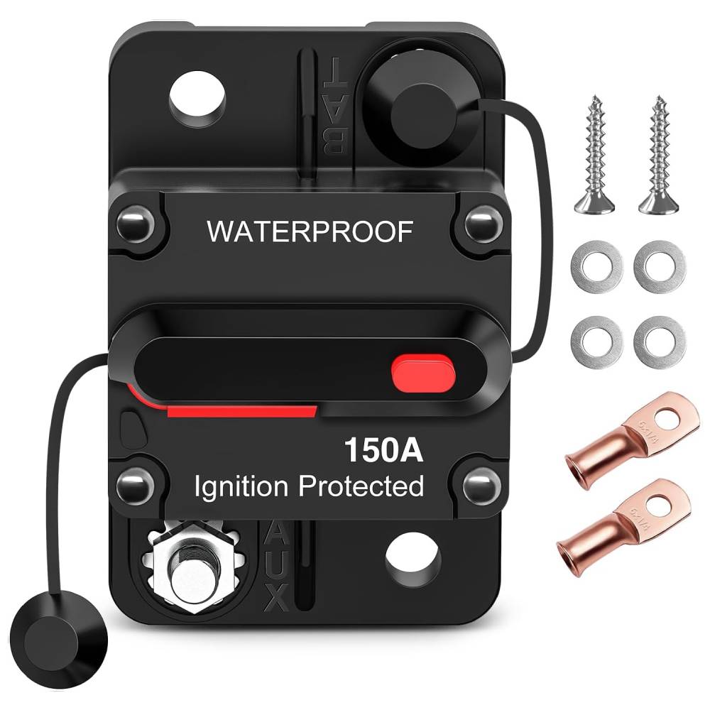 150A Circuit Breaker Resettable 12-48V DC Manual Reset w/Copper Wire Lugs Surface Mount Overload Protection Nilight