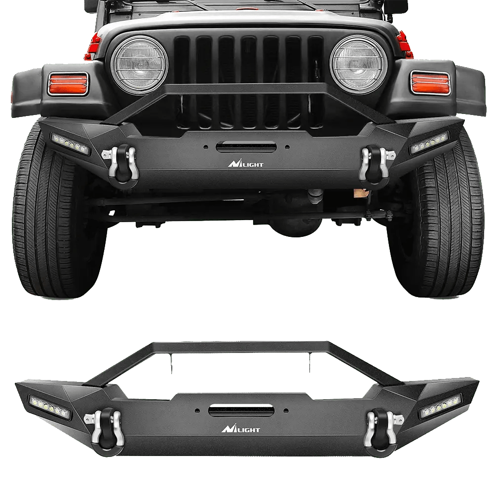 Front Bumper 1987-2006 Jeep Wrangler TJ & YJ Front Bumper Rock Crawler Bumper with 2Pcs LED Lights Winch Plate 2Pcs D-Rings Upgraded Textured Black