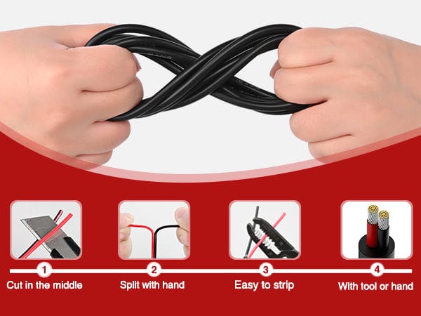50FT 14AWG Oxygen-Free Copper Wire Red Black Electrical Wire Stranded PVC Cord 2 Conductor Parallel 300V DC Flexible Extension Cords
